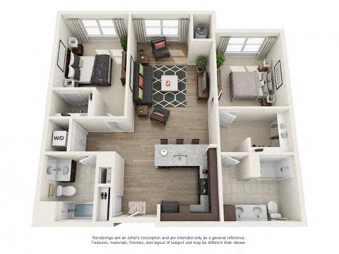 Floor plan for 2 beds, 2 baths, 1177 sqft